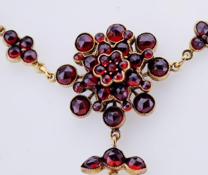 Antique Victorian Memento Mori SKULL Necklace Gold Plated Silver & Garnet c1880s