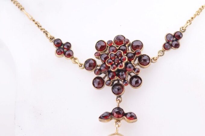 Antique Victorian Memento Mori SKULL Necklace Gold Plated Silver & Garnet c1880s
