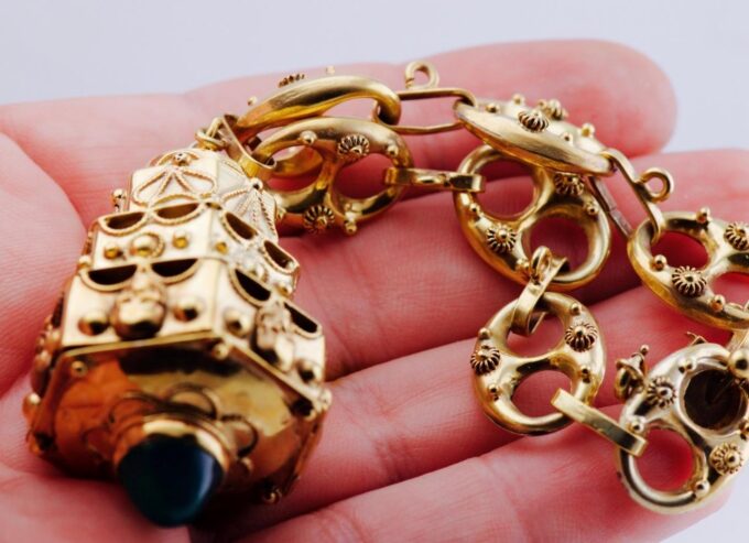 Antique Victorian Memento Mori Skull Charm Bracelet with Hidden Poison Container