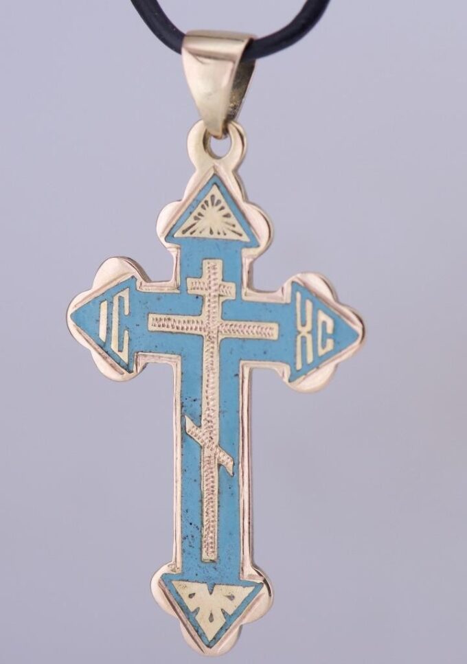 Antique 14k Gold & Turquoise Enamel Orthodox Cross Pendant c.1880s Hand Engraved