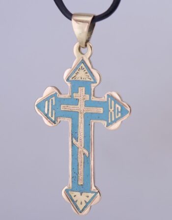 Antique 14k Gold & Turquoise Enamel Orthodox Cross Pendant c.1880s Hand Engraved
