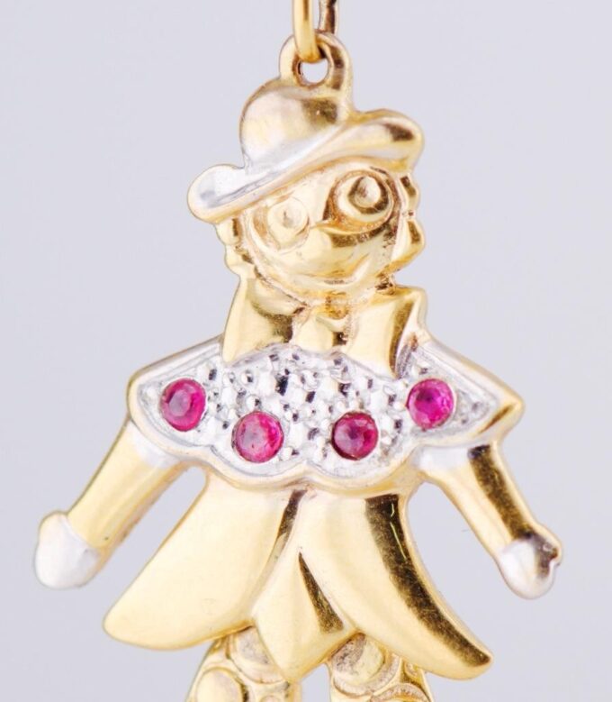 Antique Victorian 8K Gold Articulated Jester Clown Pendant with Ruby Accents