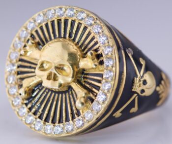Antique Victorian Ornate Ring Skull Bones Memento Mori Gilt Silver Enamel c1873