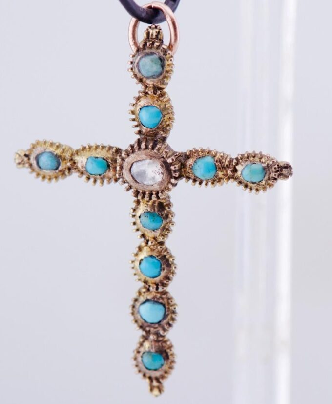 Antique 19th Century Victorian Cross Pendant Gilt Diamond Turquoise c1850's