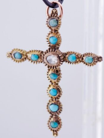 Antique 19th Century Victorian Cross Pendant Gilt Diamond Turquoise c1850's