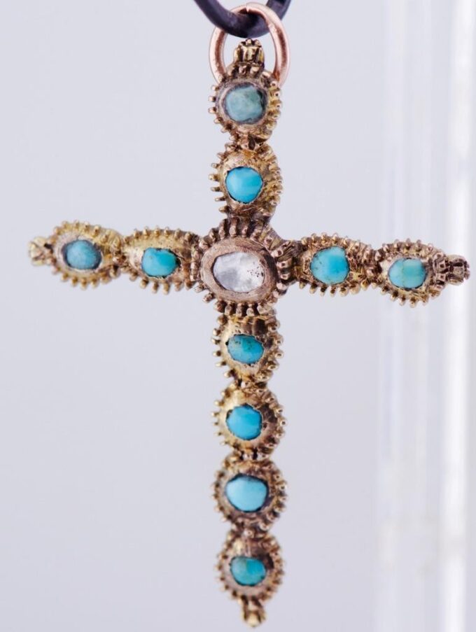 Antique 19th Century Victorian Cross Pendant Gilt Diamond Turquoise c1850's