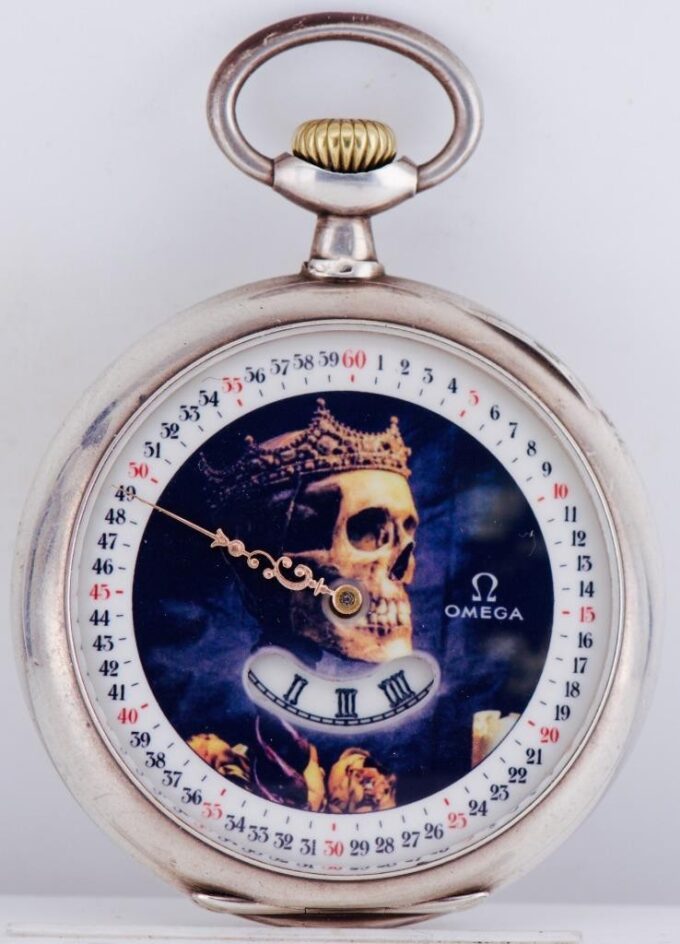 Antique Digital Omega Memento Mori Skull Gothic Silver Pocket Watch Single Hand