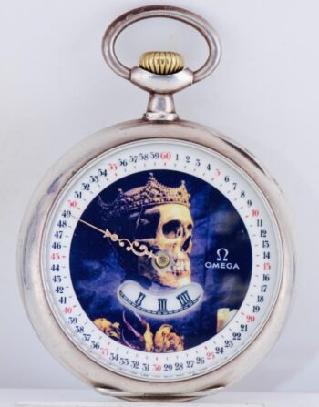 Antique Digital Omega Memento Mori Skull Gothic Silver Pocket Watch Single Hand