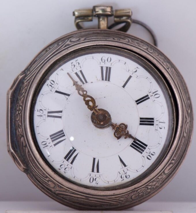 Antique 18th Century Verge Fusee Pair Case Pocket Watch Silver Repoussé Case