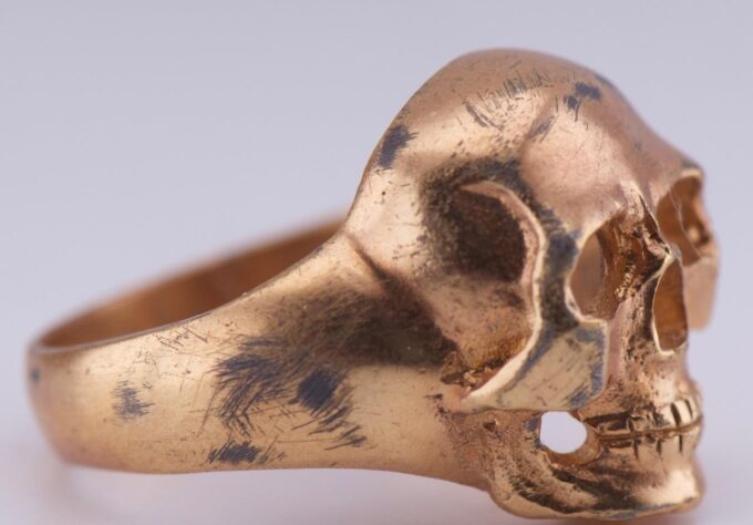 Antique WWI Gilt Silver Pilot's Skull Ring Memento Mori-31th Death Avio Regiment