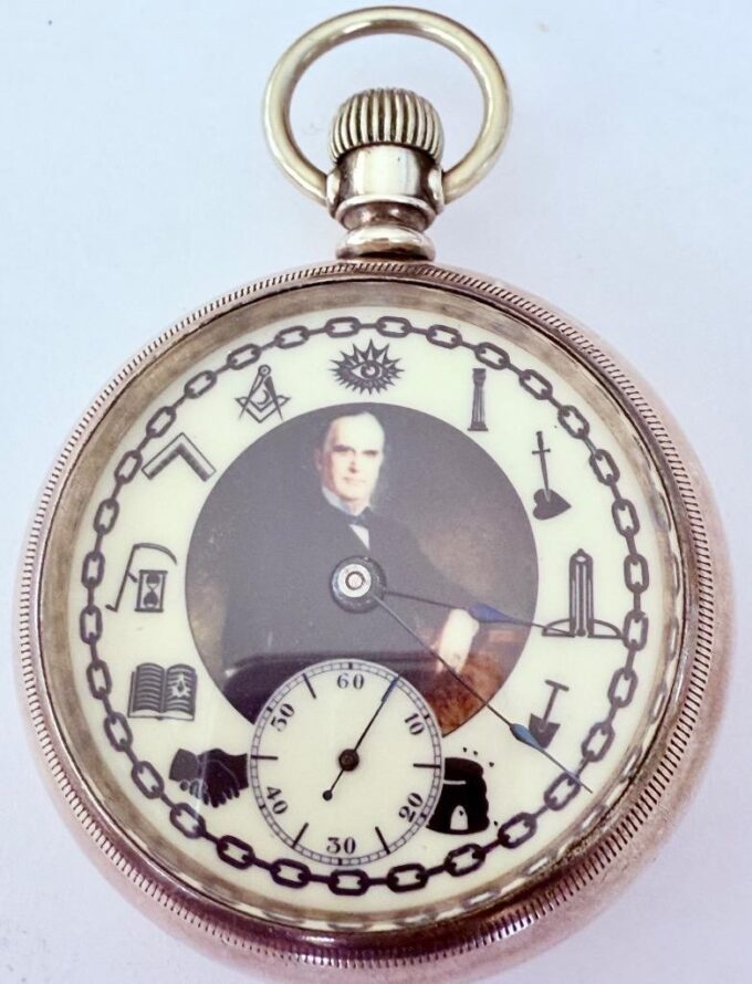 Waltham Masonic Railroad Pocket Watch William McKinley Portrait Coin Silver