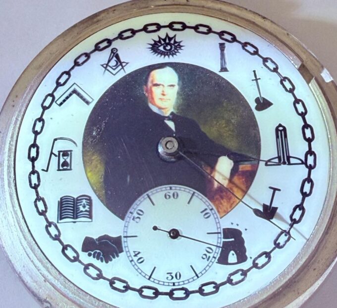 Waltham Masonic Railroad Pocket Watch William McKinley Portrait Coin Silver