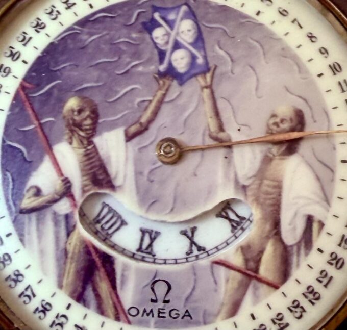 Antique Digital Omega Memento Mori Gothic Pocket Watch Single Hand Skeleton dial