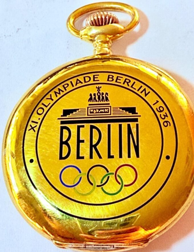 Antique German Alpina Pocket Watch 1936 Berlin Olympic Games Gilt Silver Enamel
