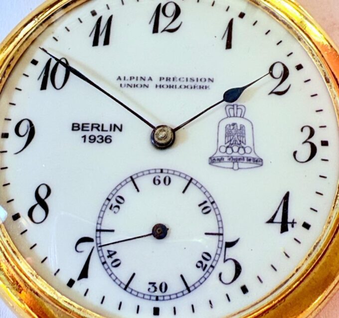 Antique German Alpina Pocket Watch 1936 Berlin Olympic Games Gilt Silver Enamel