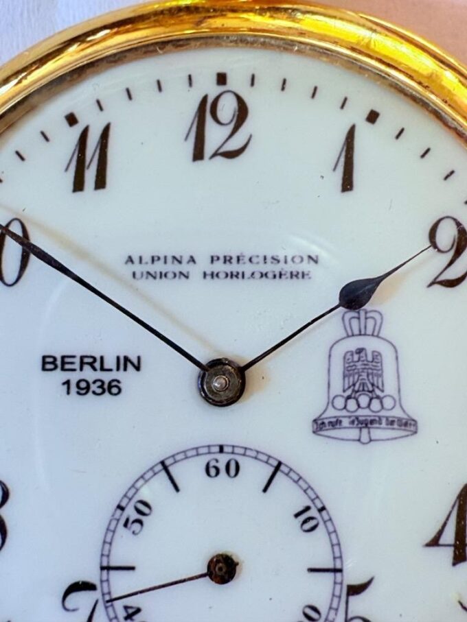 Antique German Alpina Pocket Watch 1936 Berlin Olympic Games Gilt Silver Enamel