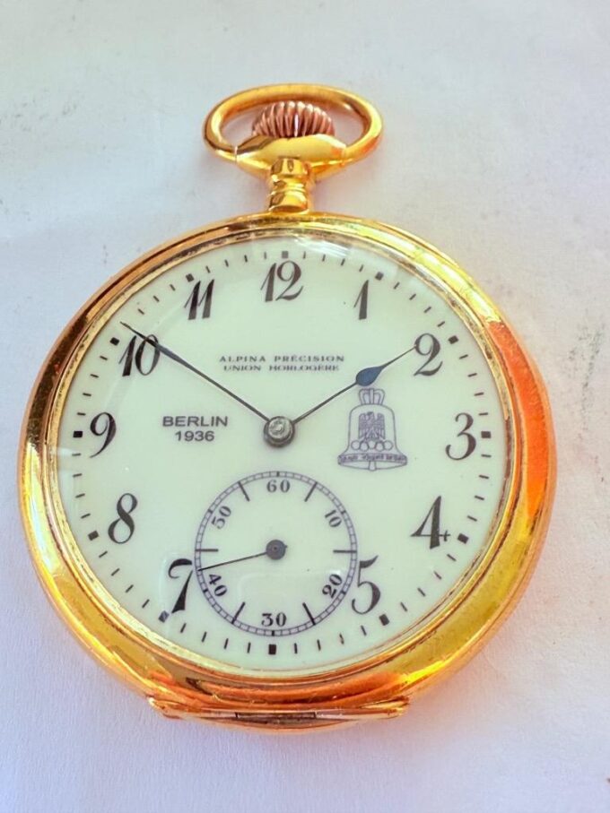 Antique German Alpina Pocket Watch 1936 Berlin Olympic Games Gilt Silver Enamel
