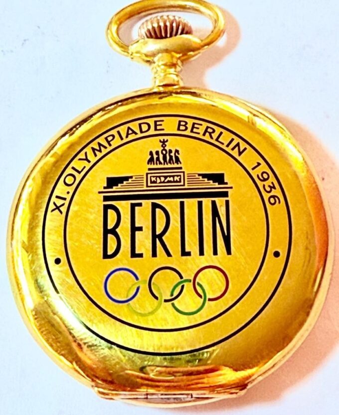 Antique German Alpina Pocket Watch 1936 Berlin Olympic Games Gilt Silver Enamel