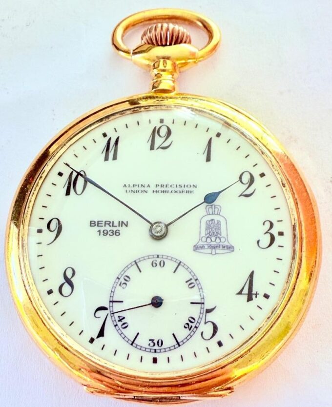 Antique German Alpina Pocket Watch 1936 Berlin Olympic Games Gilt Silver Enamel