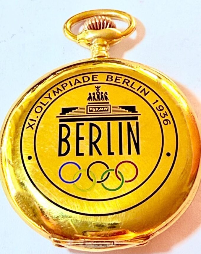Antique German Alpina Pocket Watch 1936 Berlin Olympic Games Gilt Silver Enamel