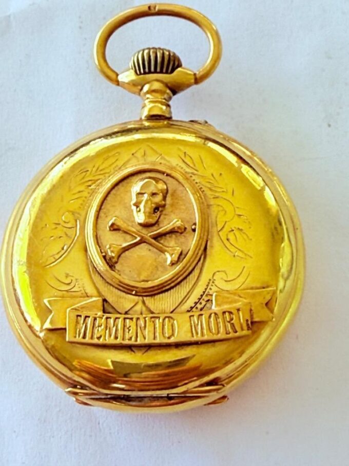 Antique Victorian Memento Mori Gilt Silver Skull Pocket Watch Lecture Caliber
