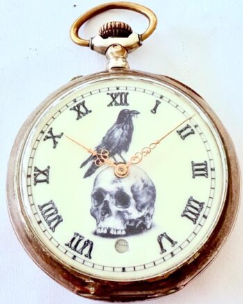 Antique c1890’s Gothic Memento Mori Silver Pocket Watch with Rare Digital Second