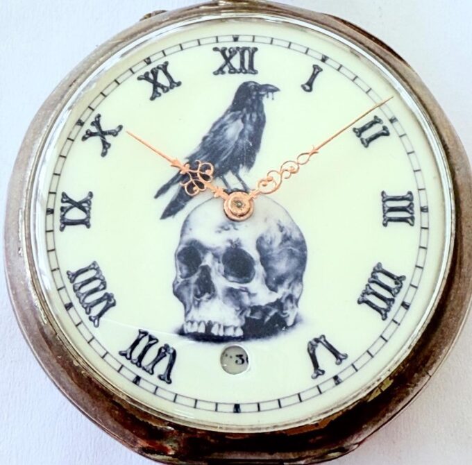 Antique c1890’s Gothic Memento Mori Silver Pocket Watch with Rare Digital Second