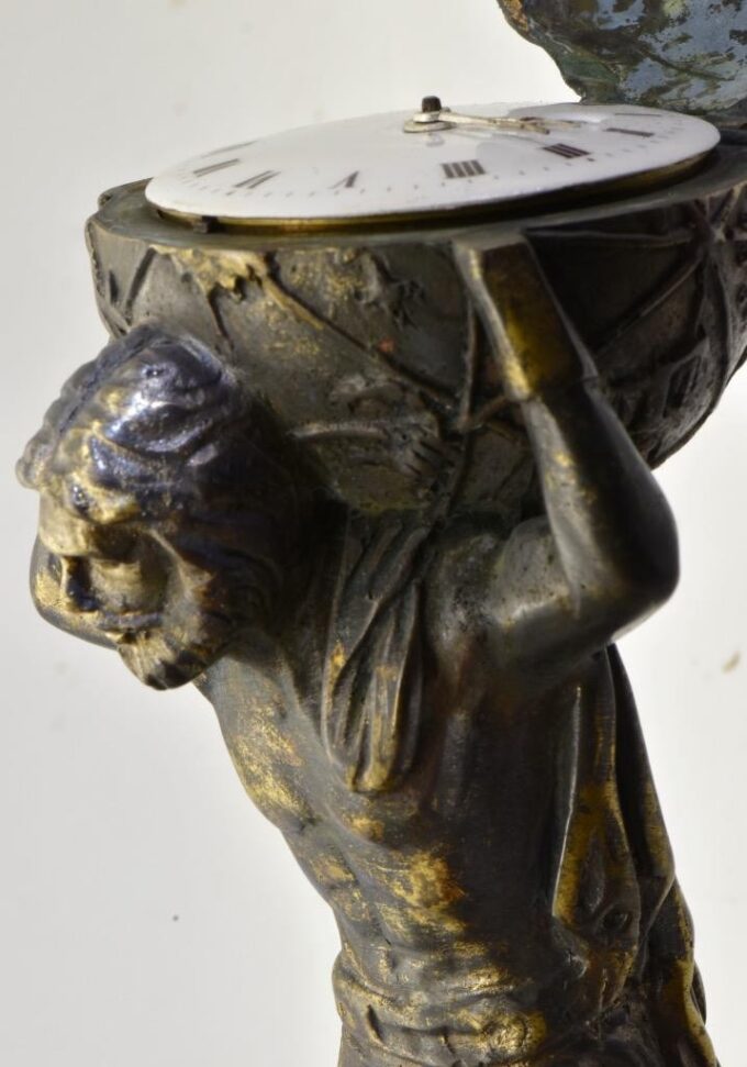 Rare Antique French Bronze Atlas Figure Verge Fusee Desk/Table Clock c1800's