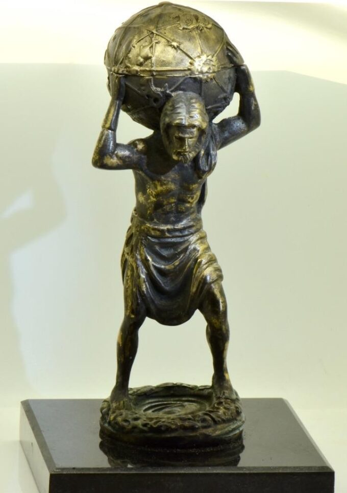 Rare Antique French Bronze Atlas Figure Verge Fusee Desk/Table Clock c1800's