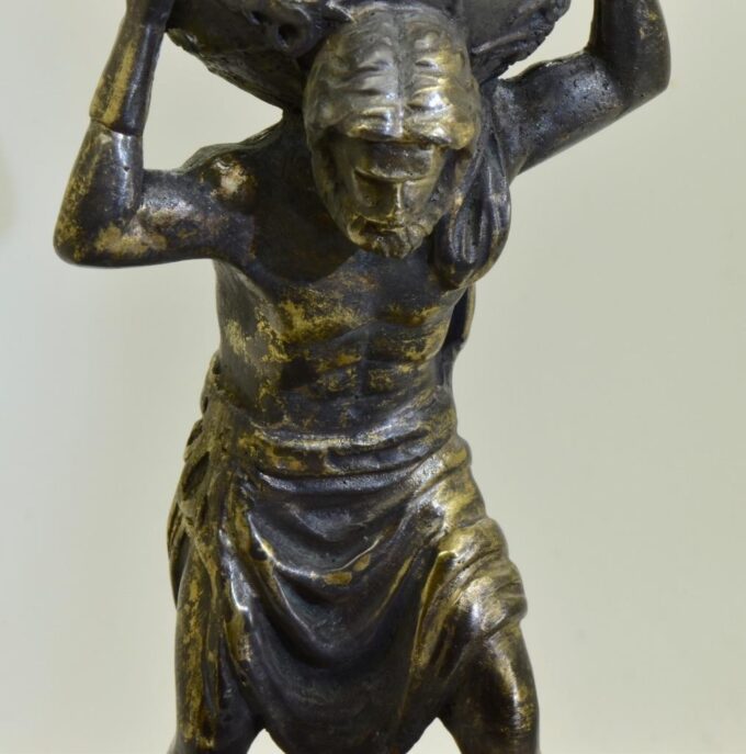 Rare Antique French Bronze Atlas Figure Verge Fusee Desk/Table Clock c1800's