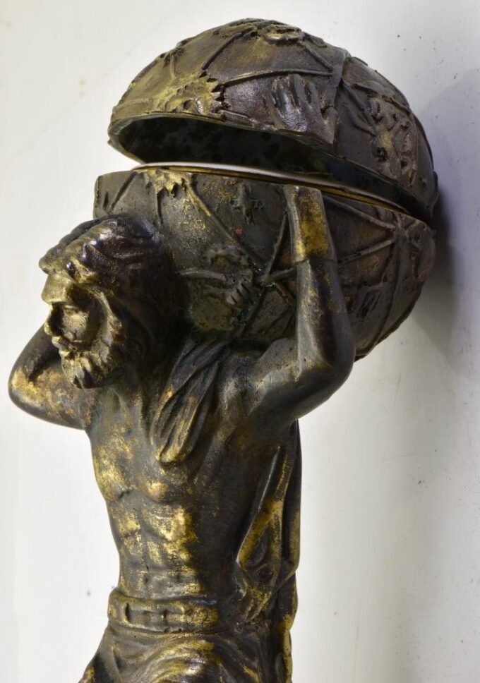 Rare Antique French Bronze Atlas Figure Verge Fusee Desk/Table Clock c1800's