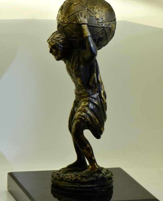 Rare Antique French Bronze Atlas Figure Verge Fusee Desk/Table Clock c1800's