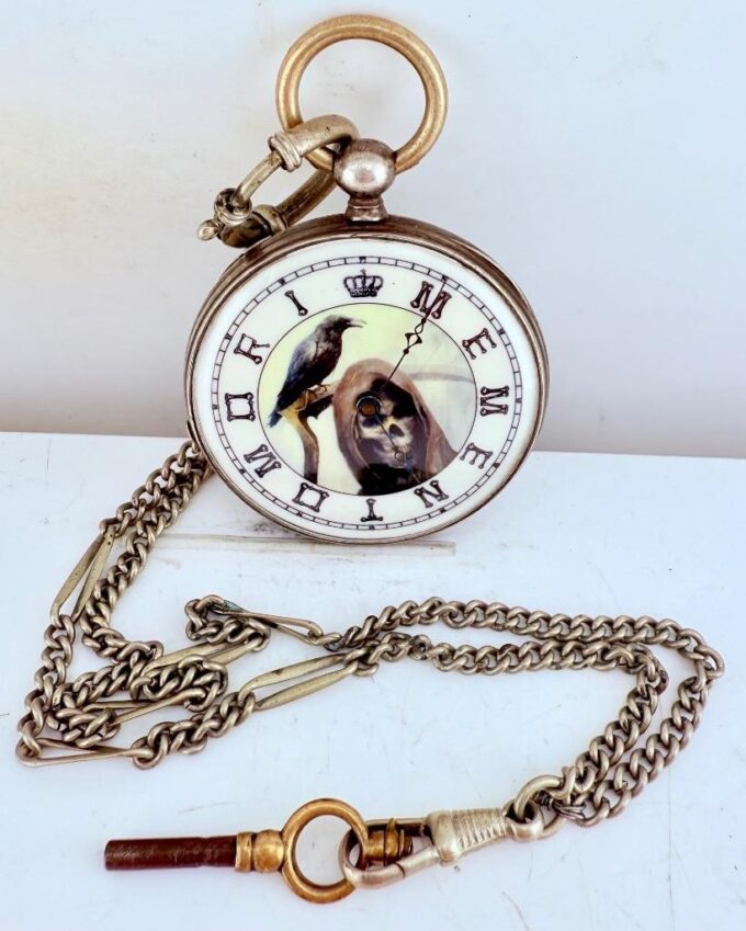 1850s Antique Silver Memento Mori Pocket Watch w/ Enamel Skull Dial – G. Hartig