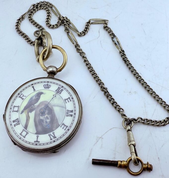 1850s Antique Silver Memento Mori Pocket Watch w/ Enamel Skull Dial – G. Hartig