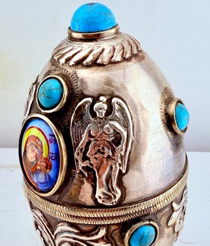 Antique Imperial Khlebnikov Silver Enamel Jeweled Orthodox Easter Egg c1890