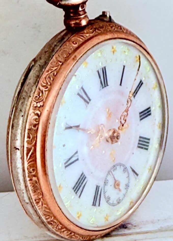 Antique 0.800 Silver Galonne Pocket Watch – 44.3mm Enamel Dial, Cylindre 6 Ruby
