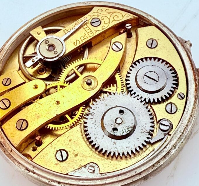 Antique 0.800 Silver Galonne Pocket Watch – 44.3mm Enamel Dial, Cylindre 6 Ruby