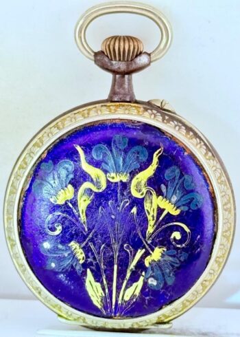 Antique 19th Century Enamel & Gilt Pocket Watch – Hand-Painted Floral Back