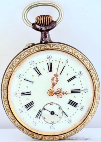 Antique 19th Century Enamel & Gilt Pocket Watch – Hand-Painted Floral Back