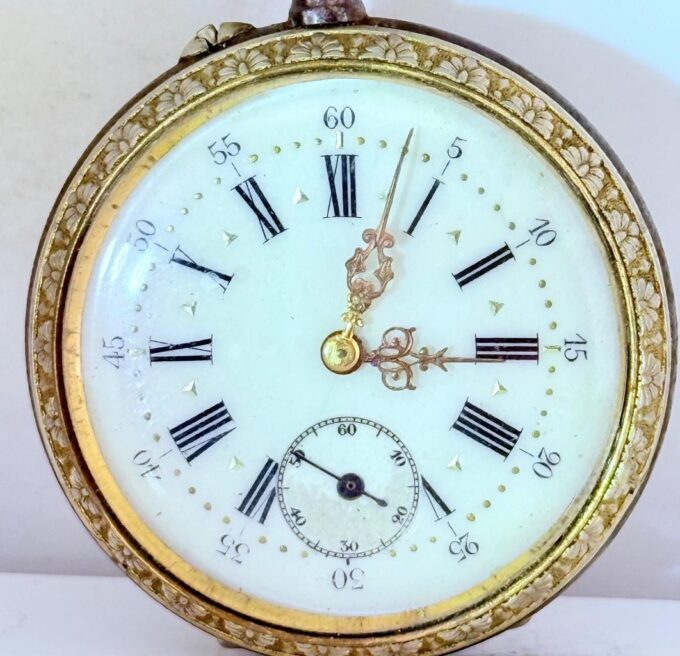 Antique 19th Century Enamel & Gilt Pocket Watch – Hand-Painted Floral Back