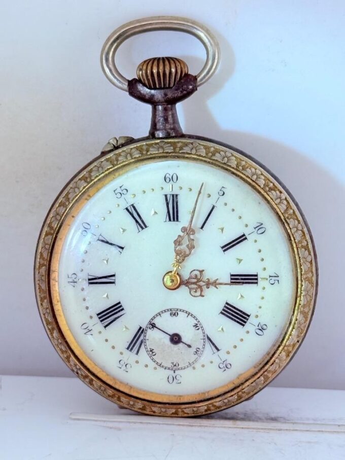 Antique 19th Century Enamel & Gilt Pocket Watch – Hand-Painted Floral Back