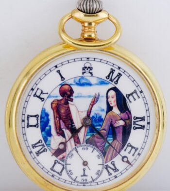 Antique Memento Mori Victorian Pocket Watch Gilt Silver Chased Case Skull Snakes