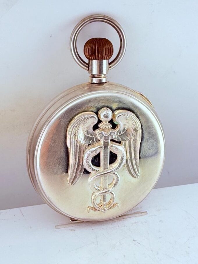 Antique Oversized 8-Day Silvered Doctor’s “Memento Mori” Pocket Watch & Display