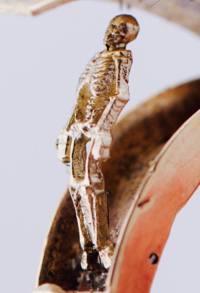 Antique MECHANICAL Automaton Ring Memento Mori Gold Enamel Resurrected SKELETON
