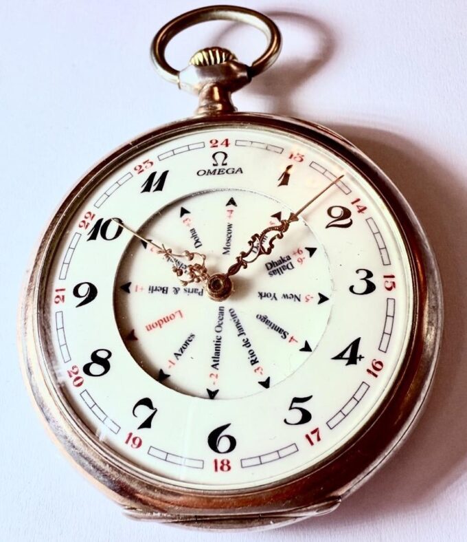 Antique Omega Silver World Time Pocket Watch c.1900’s – Perfect Working Order