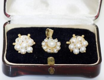 Antique Victorian Earrings and Pendant Set 14k Gold and Natural Sea Pearls Box
