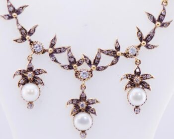 Antique Belle Epoque 18k Gold Diamond and Sea Pearls Necklace 16.5 Grams Heavy