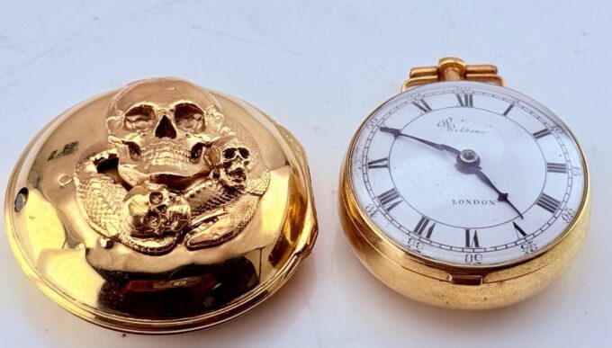 Verge Fusee Pocket Watch Georgian Era c.1750 Gilt Silver Pair Case Memento Mori