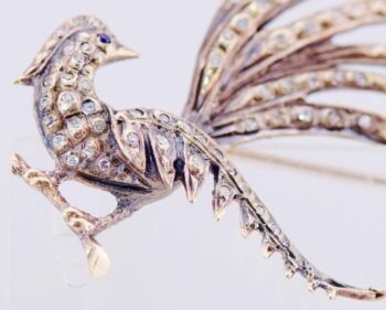 Antique Victorian Brooch Bird of Paradise 14k Gold 2ct Diamond Sapphire c1890's