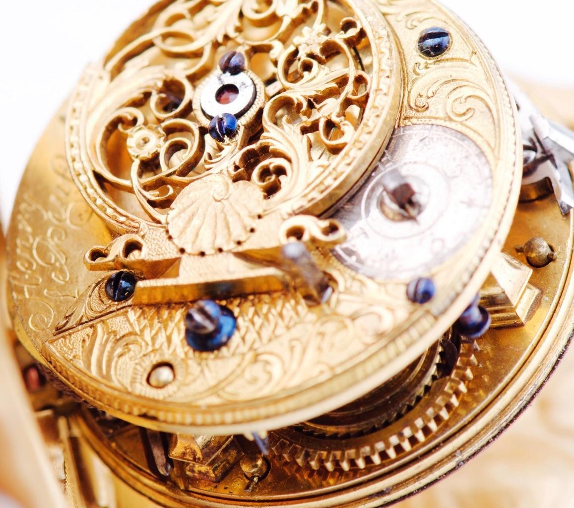 Antique French Pocket Watch Verge Fusee Memento Mori Skull Case by Henry LeBeuf